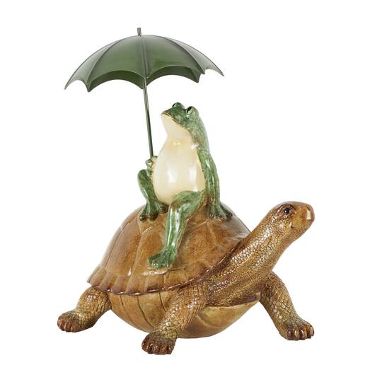12" Bronze Sitting Frog Sculpture with Umbrella & Brown Walking Turtle
